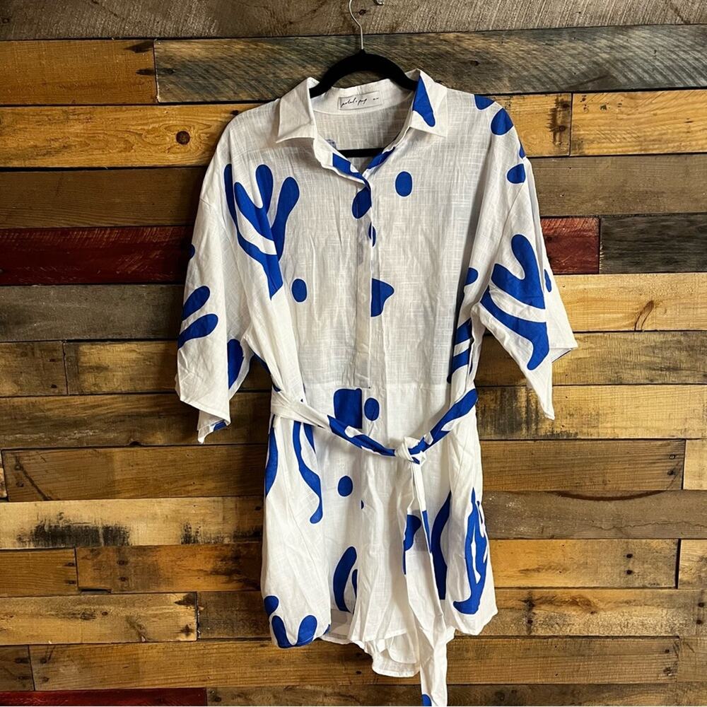 Petal & Pup White and Blue Abstract Print Short Sleeve Jumpsuit Romper